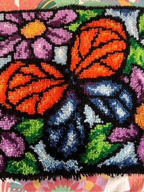 Vintage Handmade Floral Butterfly Latch Hook Wall Hanging - Orange, Blue, Purple